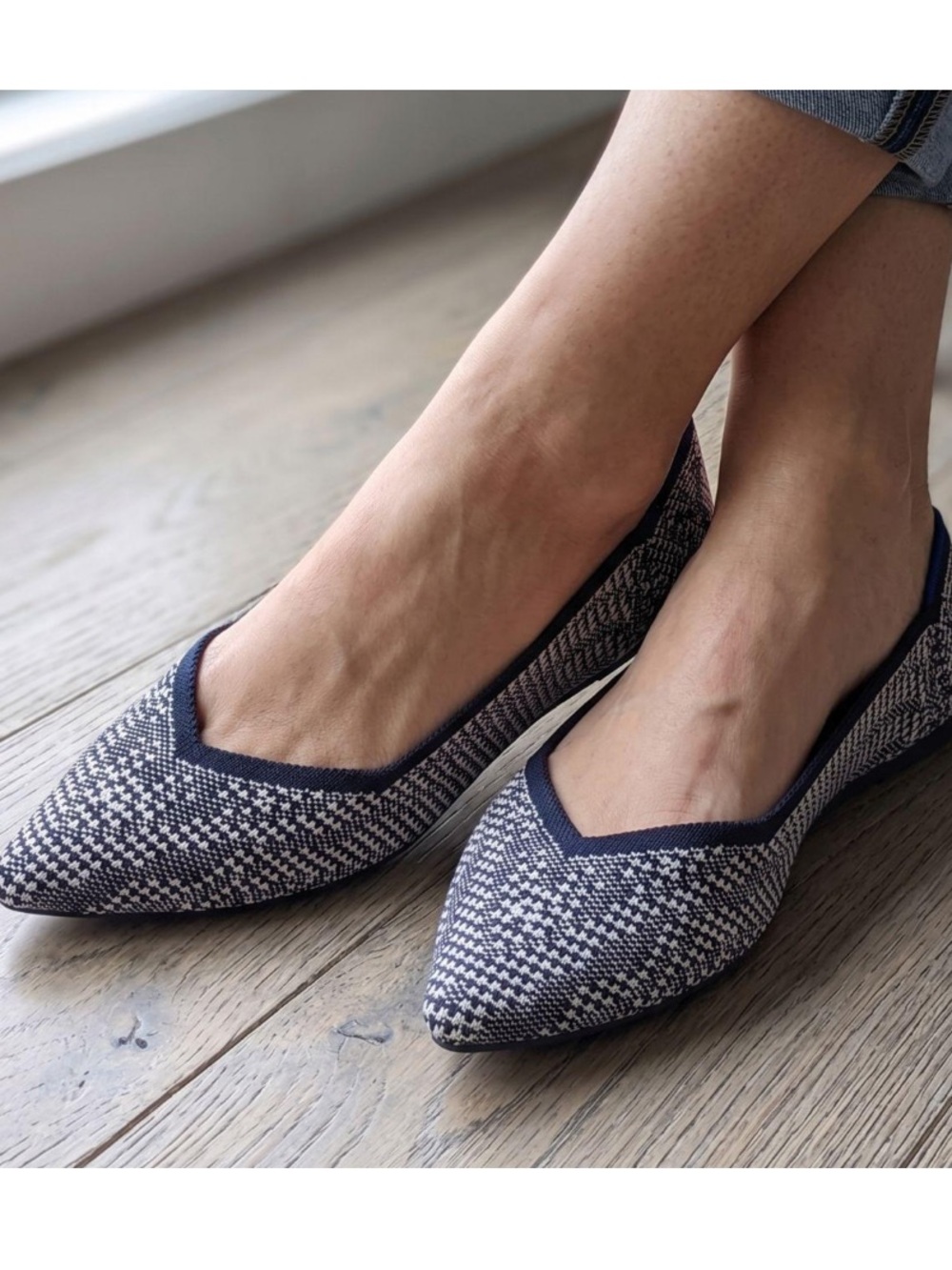 Rothy's Navy and White Houndstooth The Point Knit Ballet Flats